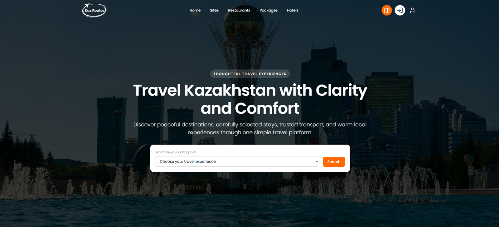 Kaz Routes travel platform homepage