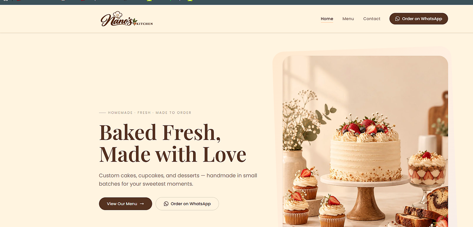 Nano’s Kitchen responsive restaurant website displaying the digital food menu and ordering experience.